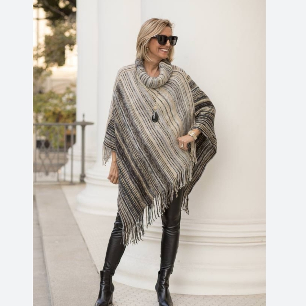 NWT Multi Color Striped Finge Knit Cowl Neck Poncho Cape One Size
